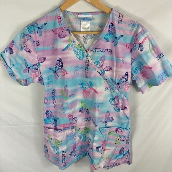 SB Scrubs Butterfly Short Sleeve Spring Summer Colorful Scrub Top Size XS - Picture 1 of 4